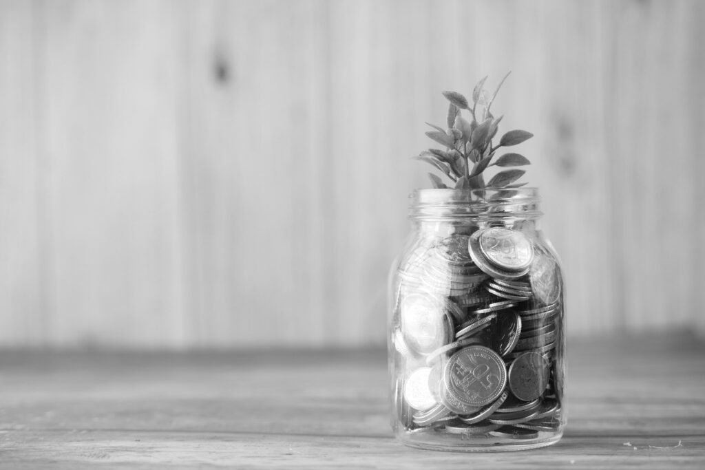 Coins and a leafy twig in a jar. Symbolises a profitable business. 
